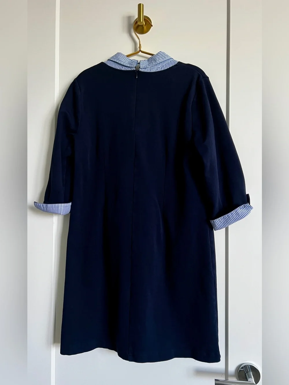 Talbots Navy Blue Cotton Dress Striped Collar Coastal Preppy Pockets Size Medium - Picture 16 of 16